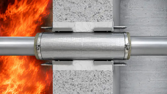 Brandschutzabschottung an einer gedämmten Rohrleitung